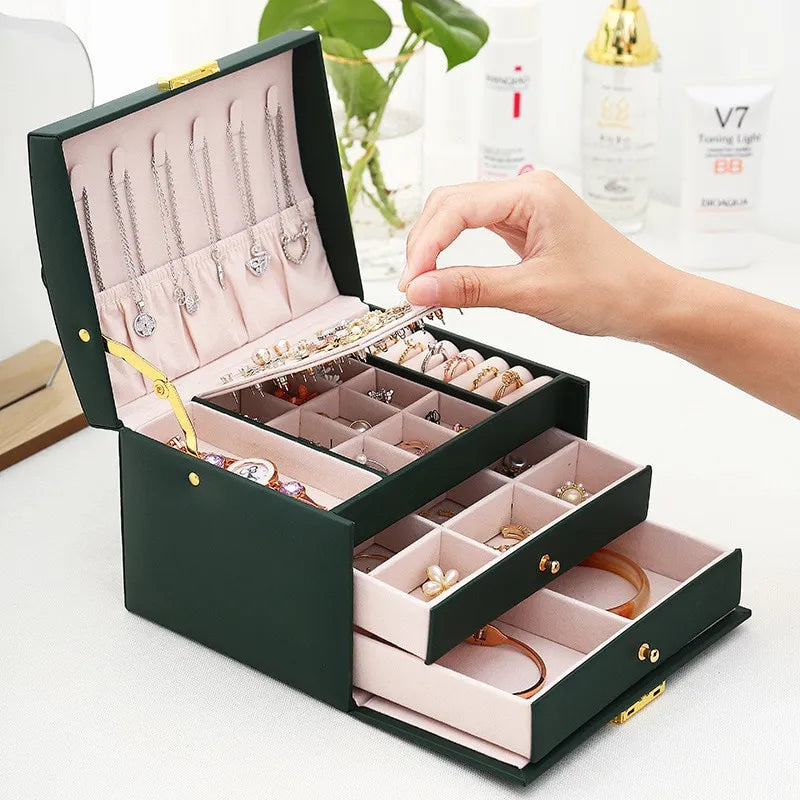 Multi Functional Three Layer Leather Drawer Style Jewelry Box